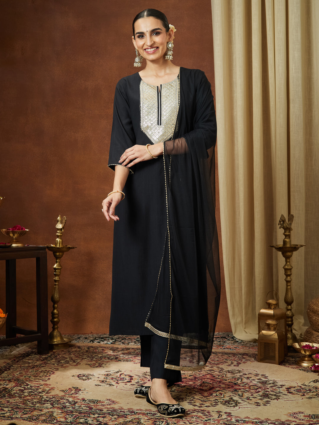 Janasya Women's Black Silk Blend Embellished Yoke Design Straight Kurta Set