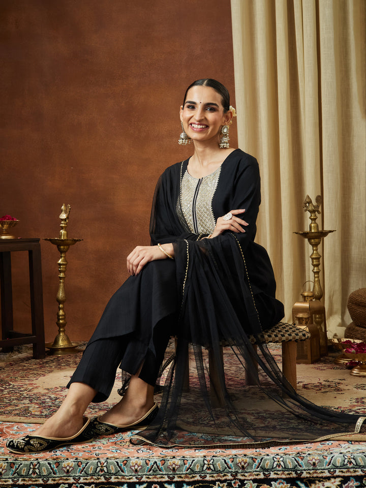 Janasya Women's Black Silk Blend Embellished Yoke Design Straight Kurta Set