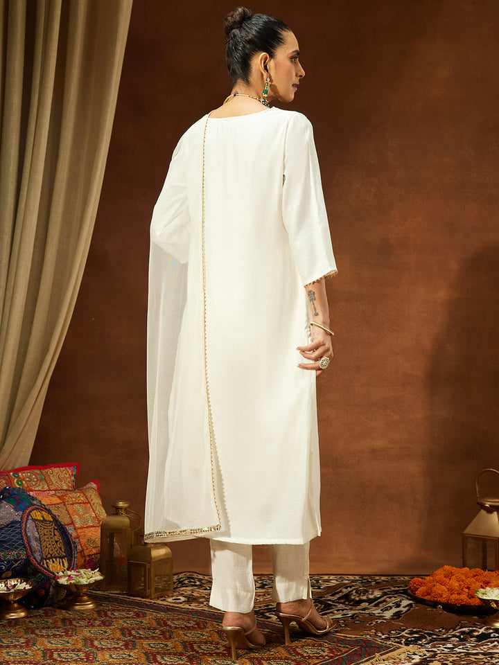 Janasya Women's Off White Silk Blend Zari Yoke Embroidered Straight Kurta Set - qivii