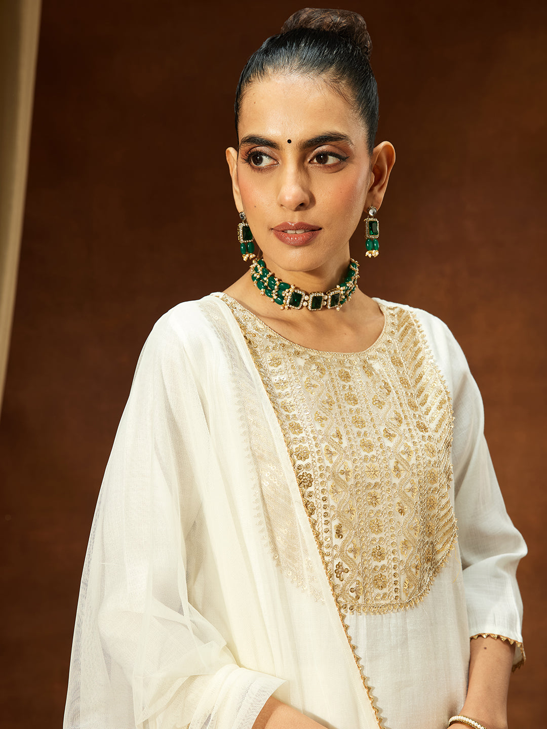 Janasya Women's Off White Silk Blend Zari Yoke Embroidered Straight Kurta Set - qivii