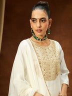 Janasya Women's Off White Silk Blend Zari Yoke Embroidered Straight Kurta Set
