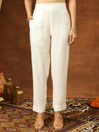 Janasya Women's Off White Silk Blend Zari Yoke Embroidered Straight Kurta Set