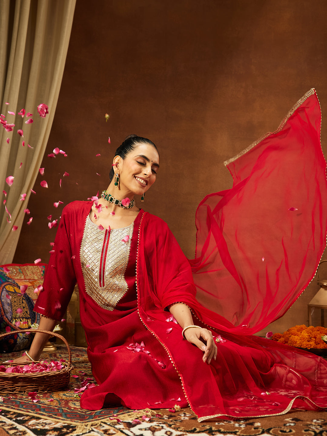 Janasya Women's Maroon Silk Blend Embellished Straight Kurta Set - qivii