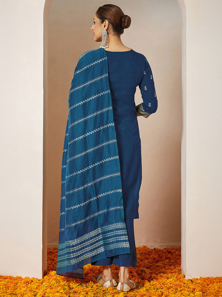 Janasya Women's Teal Blue Silk Blend Foil Printed Straight Kurta Set