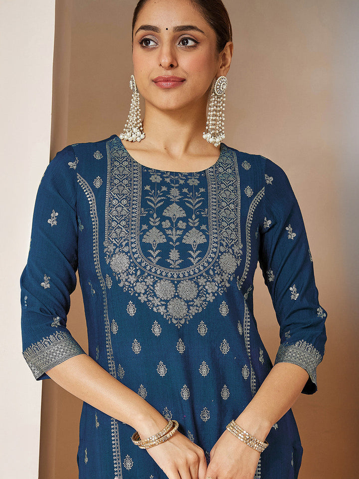 Janasya Women's Teal Blue Silk Blend Foil Printed Straight Kurta Set