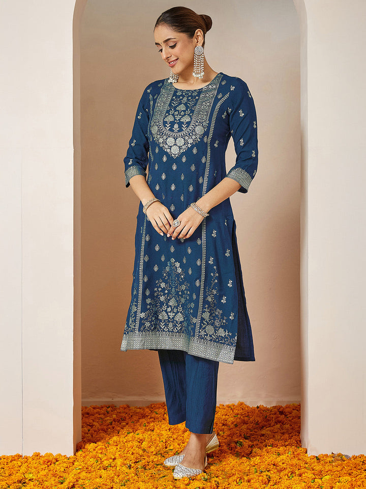 Janasya Women's Teal Blue Silk Blend Foil Printed Straight Kurta Set
