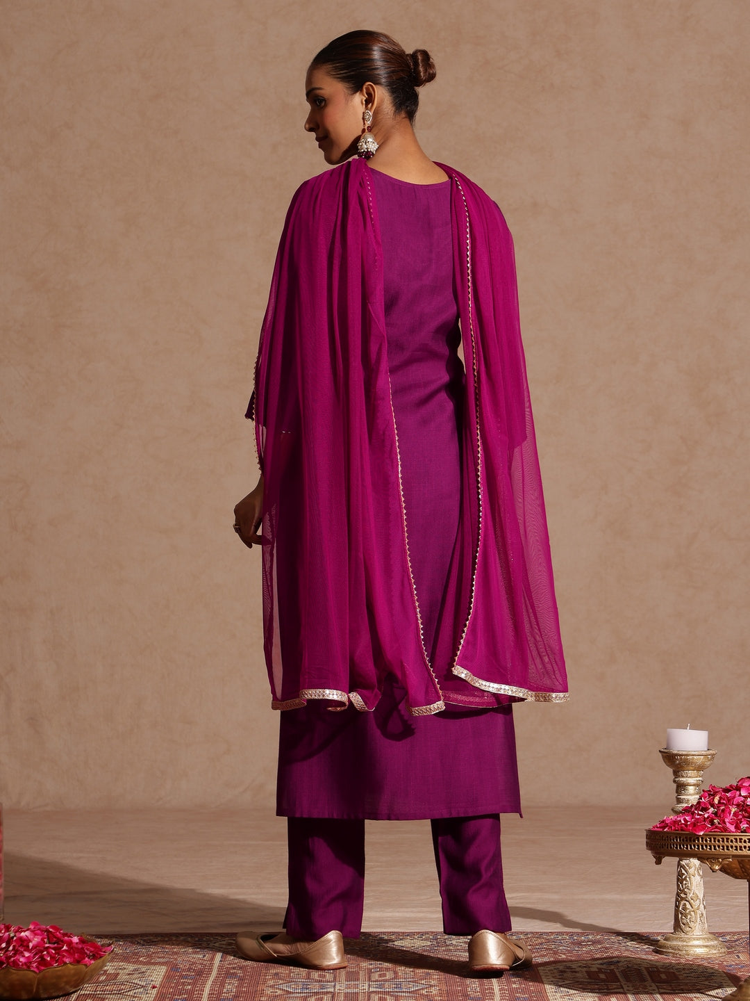 Janasya Women's Purple Silk Blend Zari Yoke Embroidery Straight Kurta Set