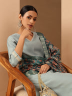Janasya Women's Powder Blue Silk Blend Embellished Straight Kurta Set With Printed Jacquard Dupatta