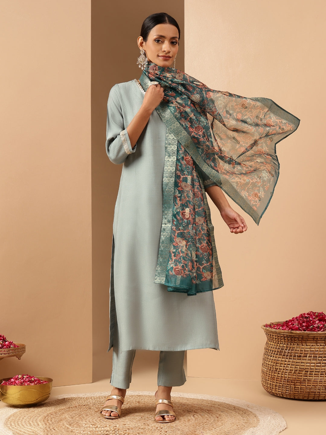 Janasya Women's Powder Blue Silk Blend Embellished Straight Kurta Set With Printed Jacquard Dupatta