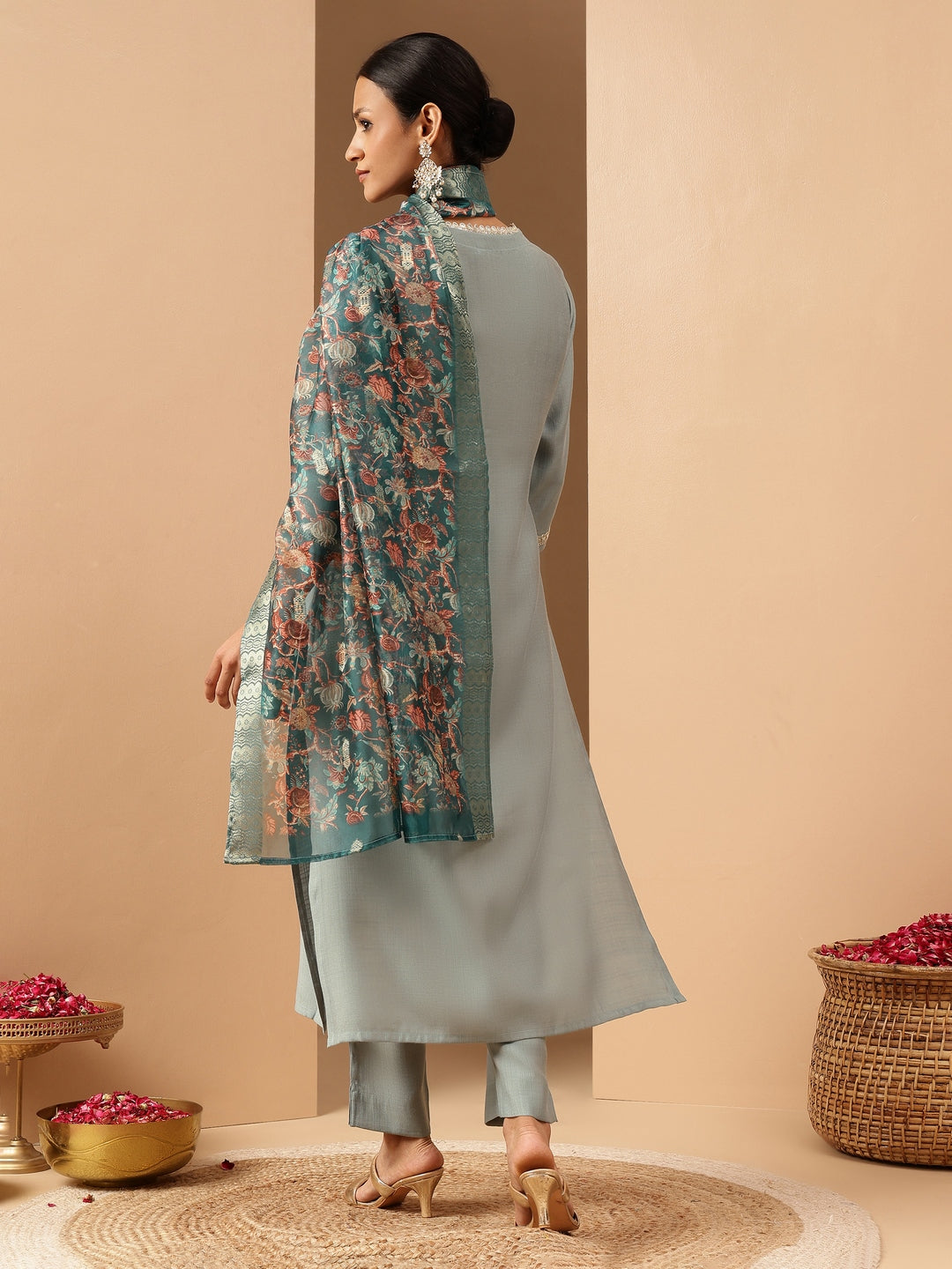 Janasya Women's Powder Blue Silk Blend Embellished Straight Kurta Set With Printed Jacquard Dupatta - qivii