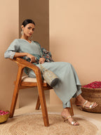 Janasya Women's Powder Blue Silk Blend Embellished Straight Kurta Set With Printed Jacquard Dupatta