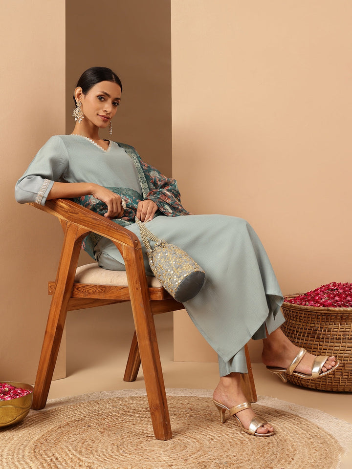 Janasya Women's Powder Blue Silk Blend Embellished Straight Kurta Set With Printed Jacquard Dupatta - qivii