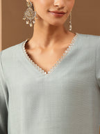 Janasya Women's Powder Blue Silk Blend Embellished Straight Kurta Set With Printed Jacquard Dupatta