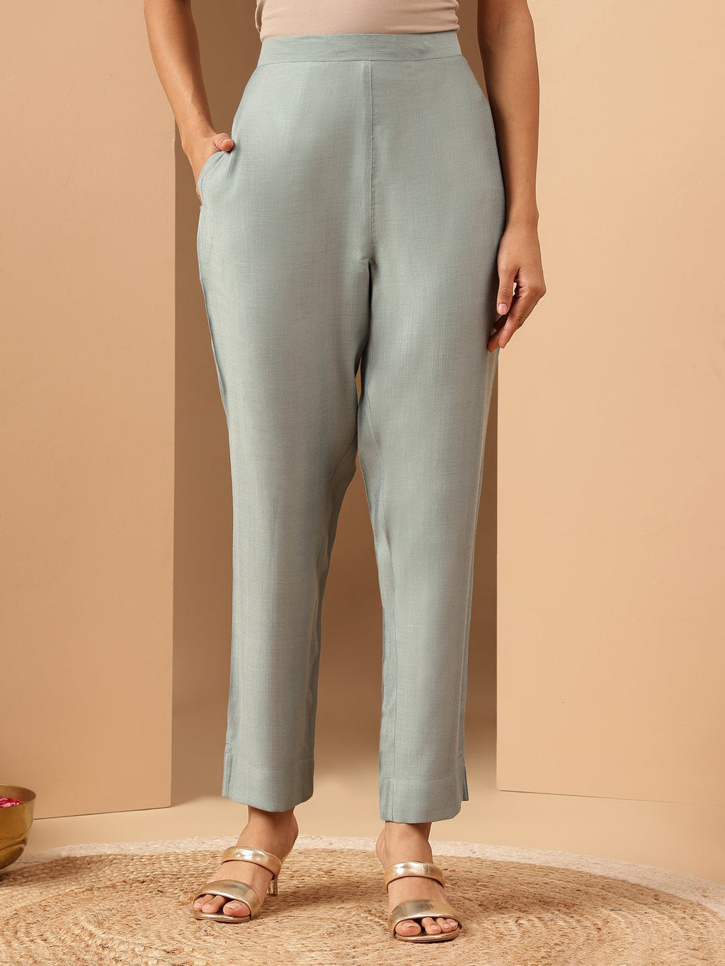 Janasya Women's Powder Blue Silk Blend Embellished Straight Kurta Set With Printed Jacquard Dupatta