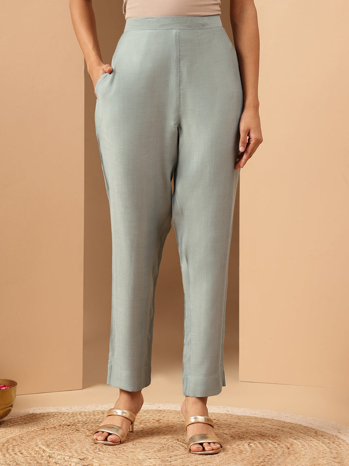 Janasya Women's Powder Blue Silk Blend Embellished Straight Kurta Set With Printed Jacquard Dupatta - qivii