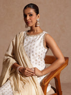 Janasya Women's White Silk Blend Embellished Gold Printed Straight Kurta Set