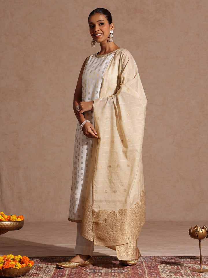 Janasya Women's White Silk Blend Embellished Gold Printed Straight Kurta Set - qivii