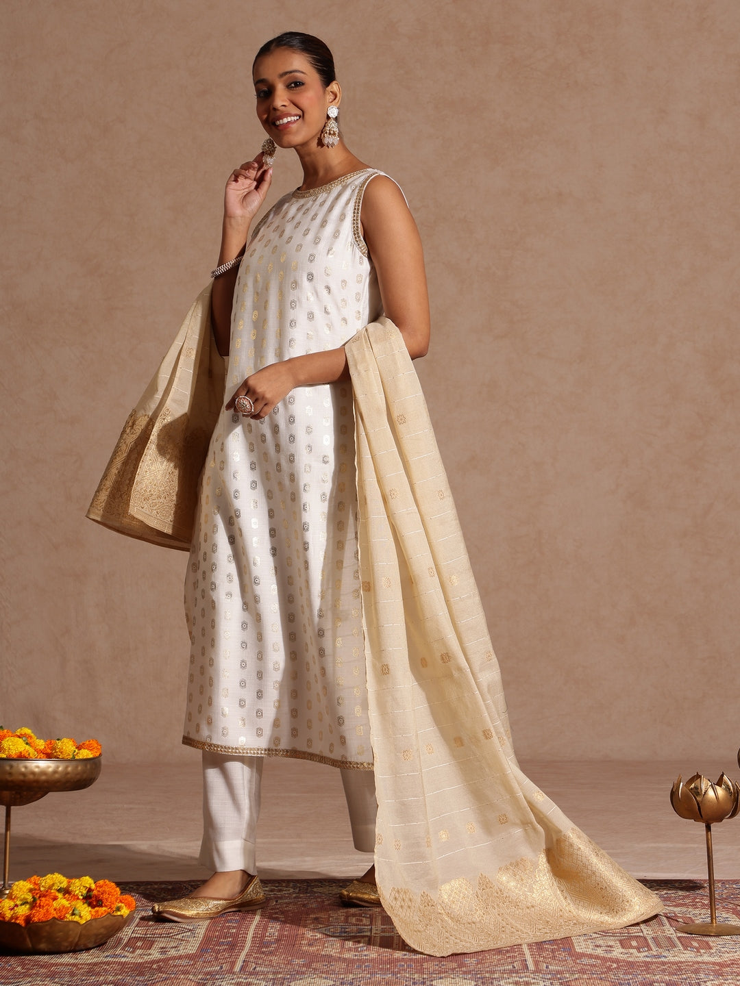 Janasya Women's White Silk Blend Embellished Gold Printed Straight Kurta Set