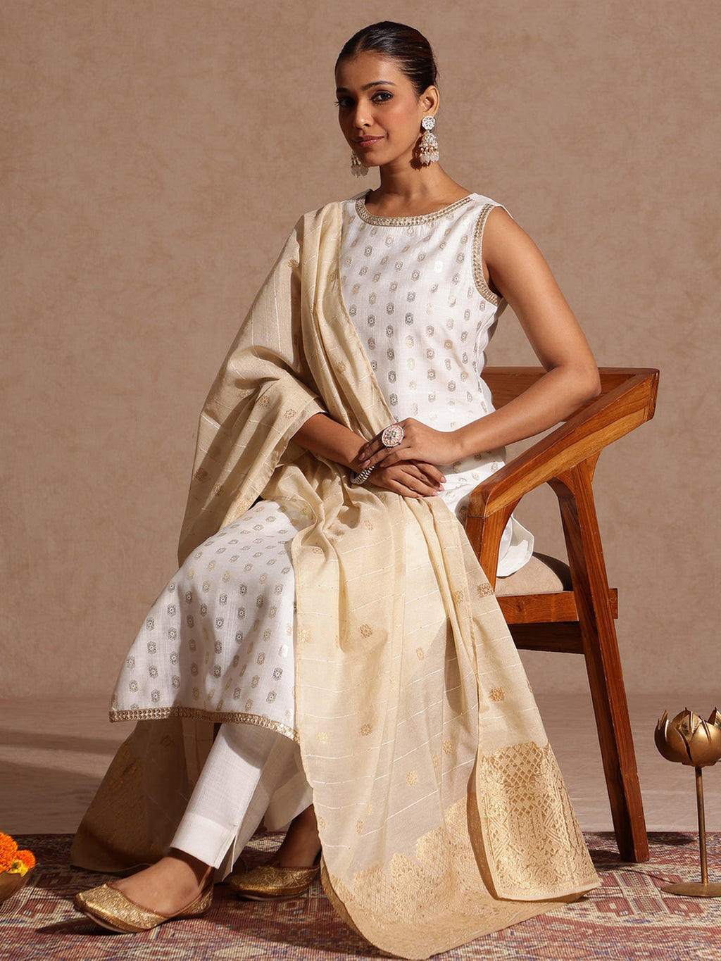 Janasya Women's White Silk Blend Embellished Gold Printed Straight Kurta Set