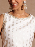 Janasya Women's White Silk Blend Embellished Gold Printed Straight Kurta Set