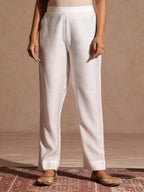 Janasya Women's White Silk Blend Embellished Gold Printed Straight Kurta Set