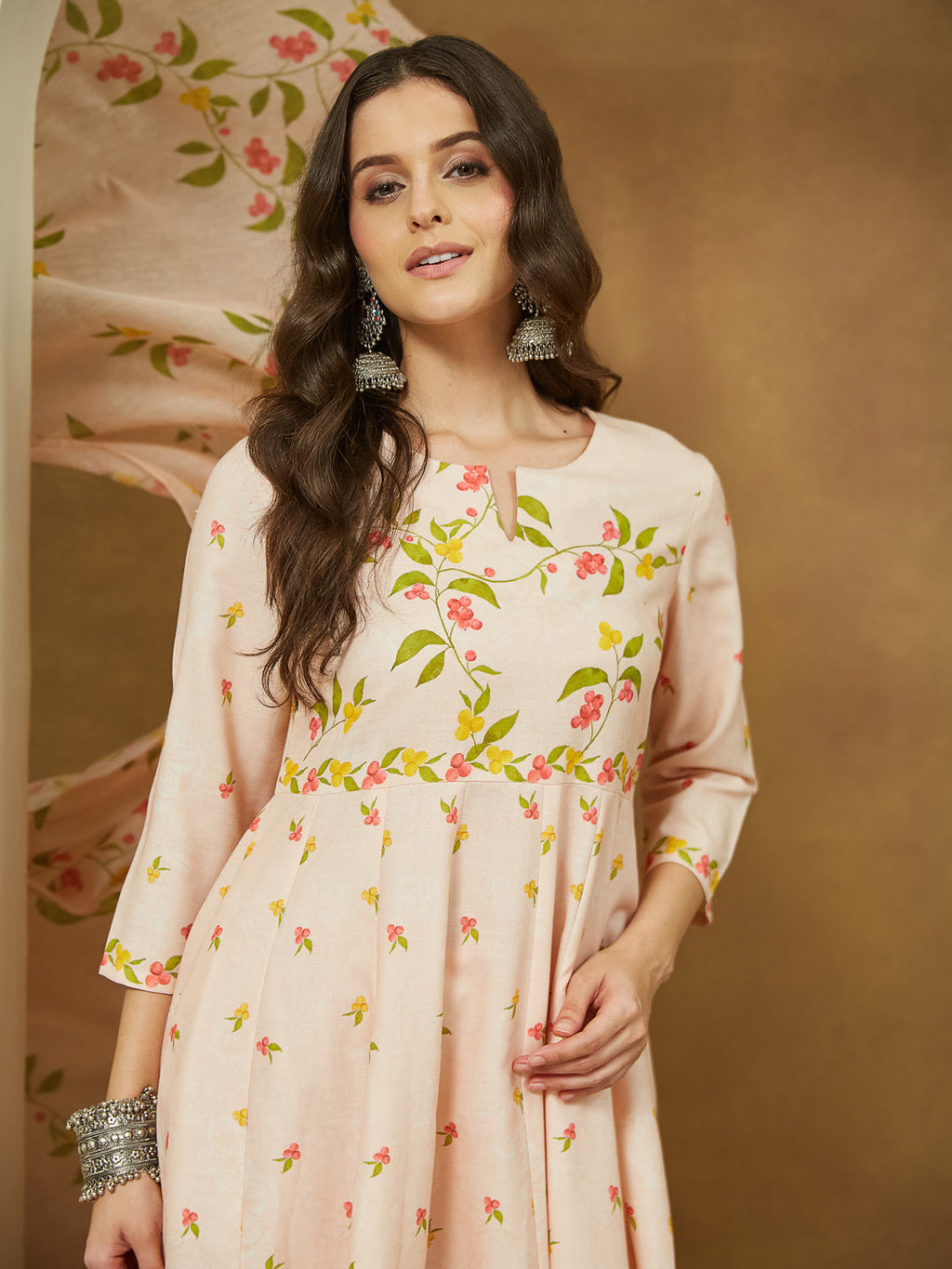 Janasya Women's Peach Cotton Blend Floral Printed Anarkali Kurta Set