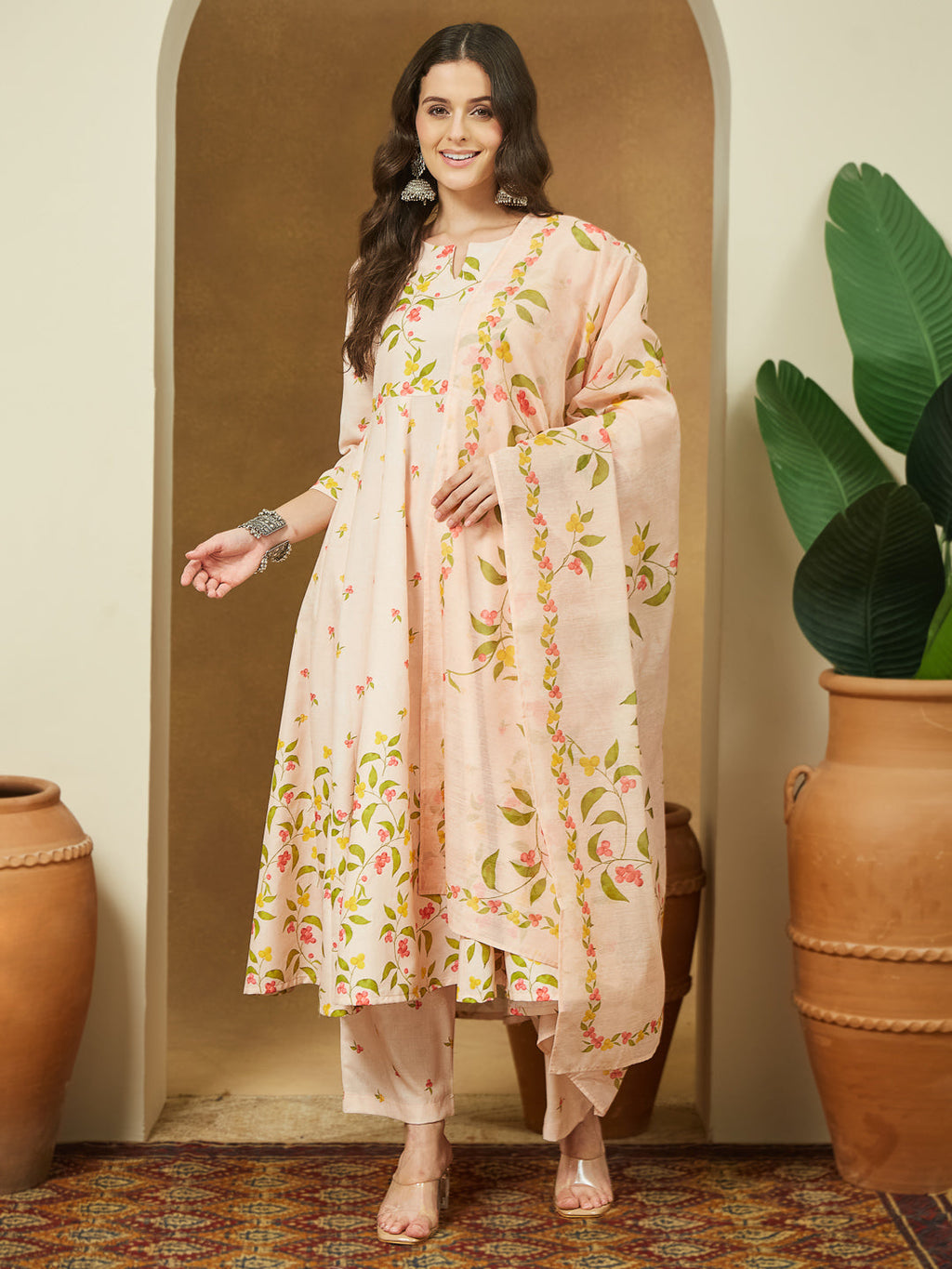 Janasya Women's Peach Cotton Blend Floral Printed Anarkali Kurta Set