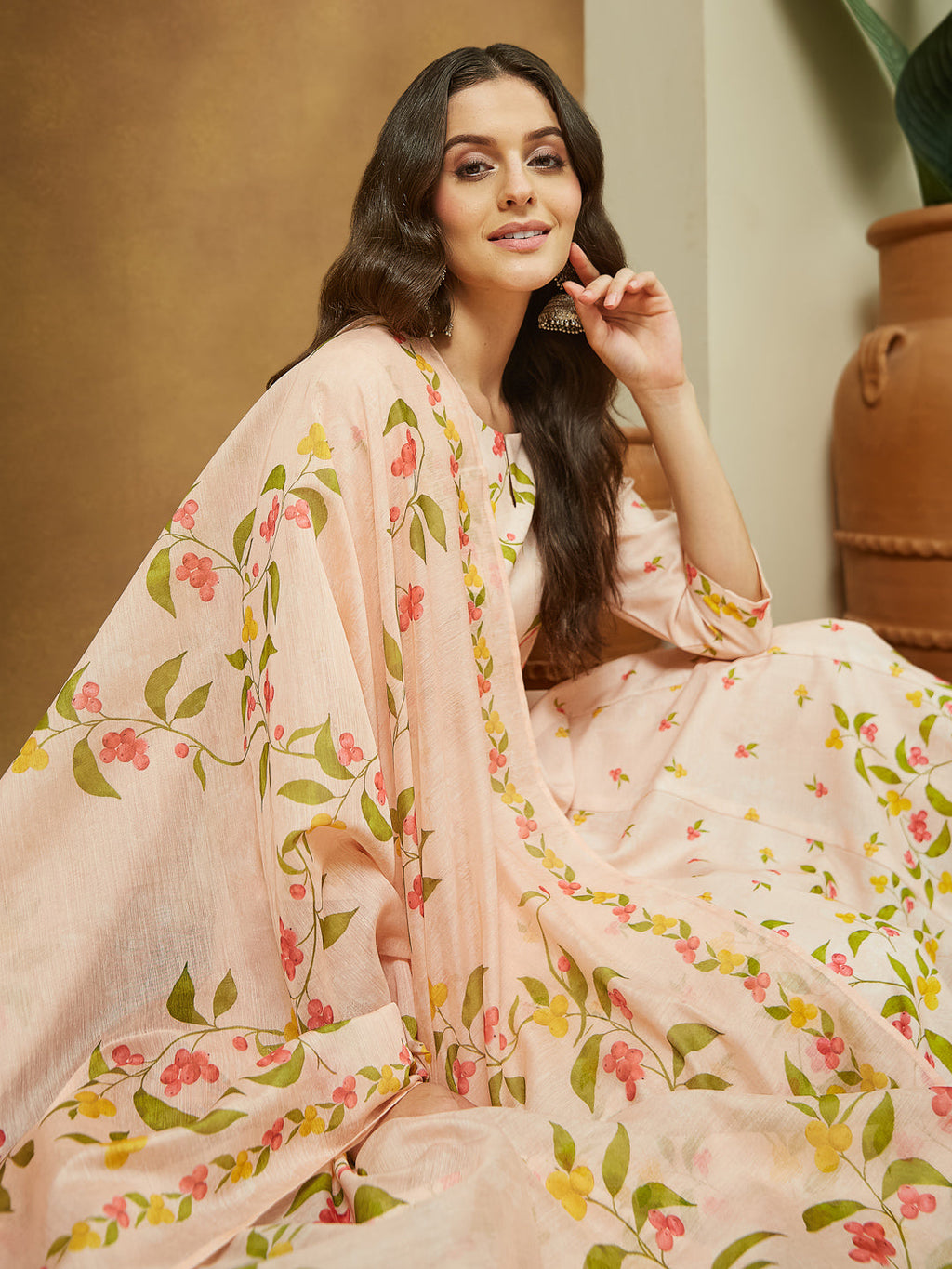 Janasya Women's Peach Cotton Blend Floral Printed Anarkali Kurta Set