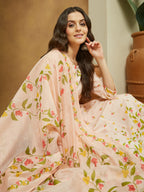 Janasya Women's Peach Cotton Blend Floral Printed Anarkali Kurta Set