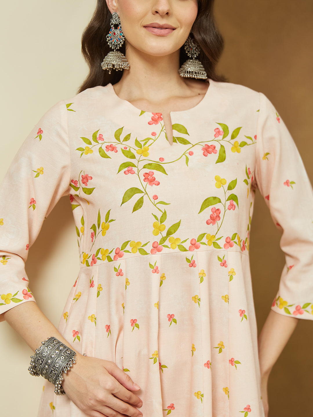 Janasya Women's Peach Cotton Blend Floral Printed Anarkali Kurta Set