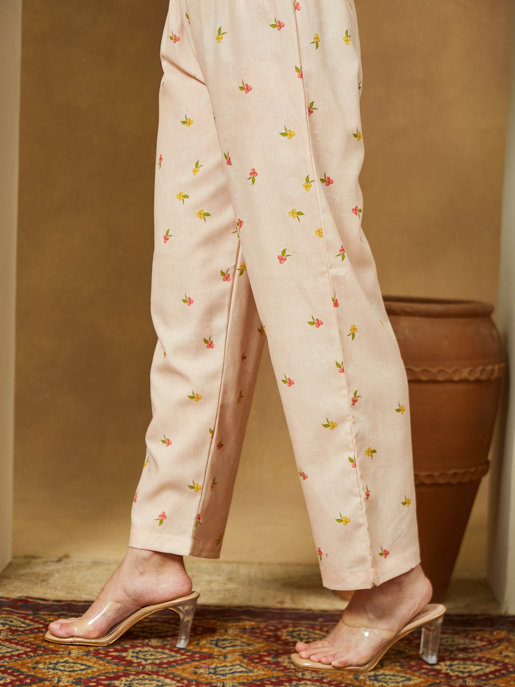 Janasya Women's Peach Cotton Blend Floral Printed Anarkali Kurta Set