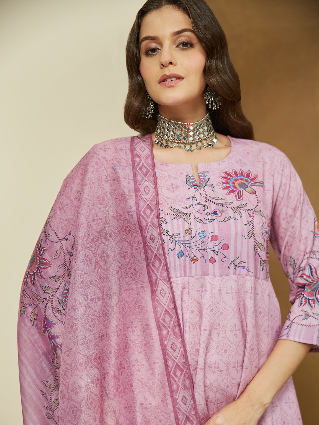 Janasya Women's Lavender Cotton Blend Floral Printed Anarkali Kurta Set