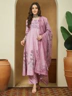 Janasya Women's Lavender Cotton Blend Floral Printed Anarkali Kurta Set