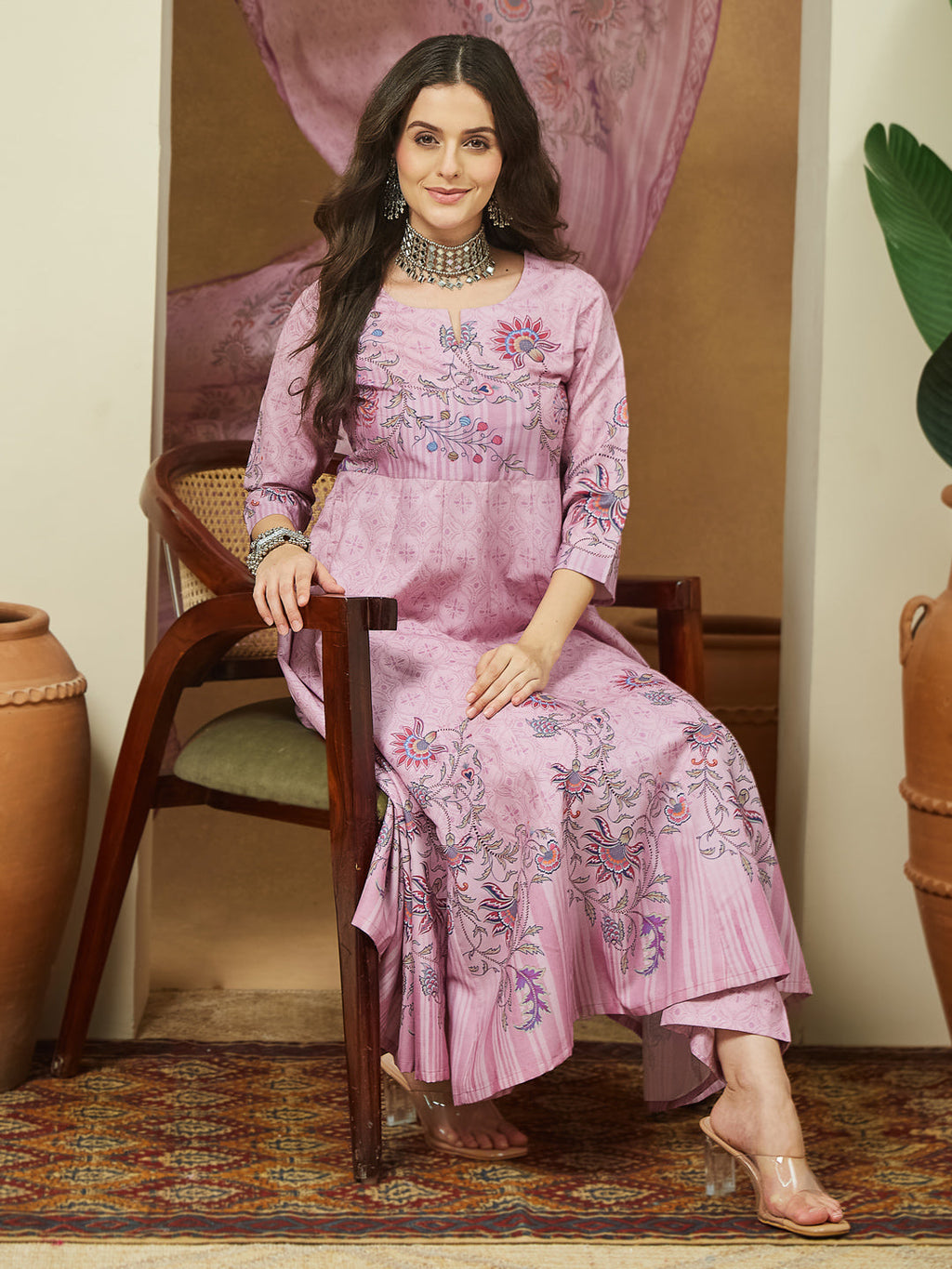 Janasya Women's Lavender Cotton Blend Floral Printed Anarkali Kurta Set