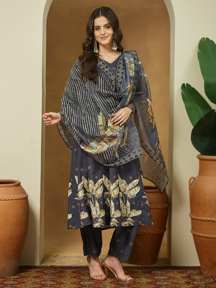 Janasya Women's Black Cotton Blend Embllished A-line Kurta Set