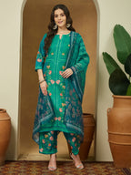 Janasya Women's Teal Blue Cotton Blend Floral Printed Straight Kurta Set