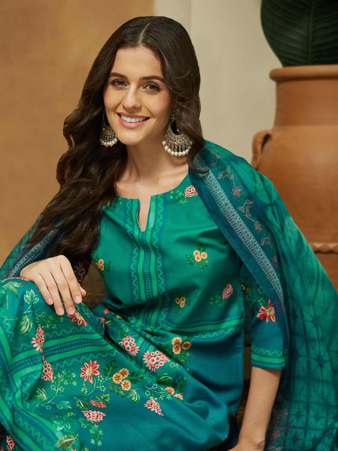 Janasya Women's Teal Blue Cotton Blend Floral Printed Straight Kurta Set