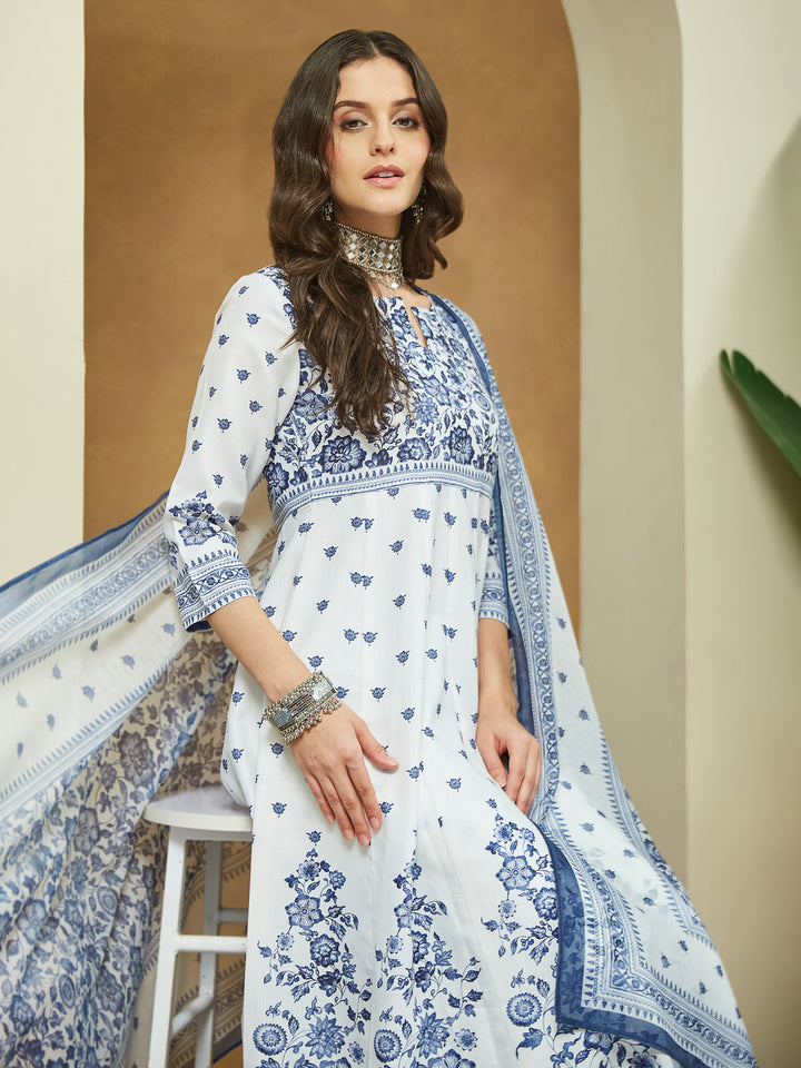 Janasya Women's White Cotton Blend Floral Printed Anarkali Kurta Set - qivii