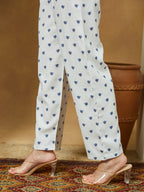 Janasya Women's White Cotton Blend Floral Printed Anarkali Kurta Set