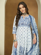 Janasya Women's White Cotton Blend Floral Printed Anarkali Kurta Set