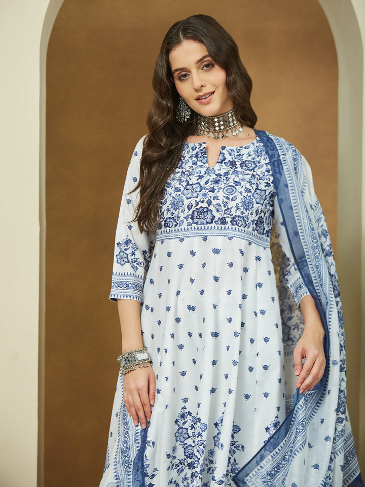 Janasya Women's White Cotton Blend Floral Printed Anarkali Kurta Set - qivii