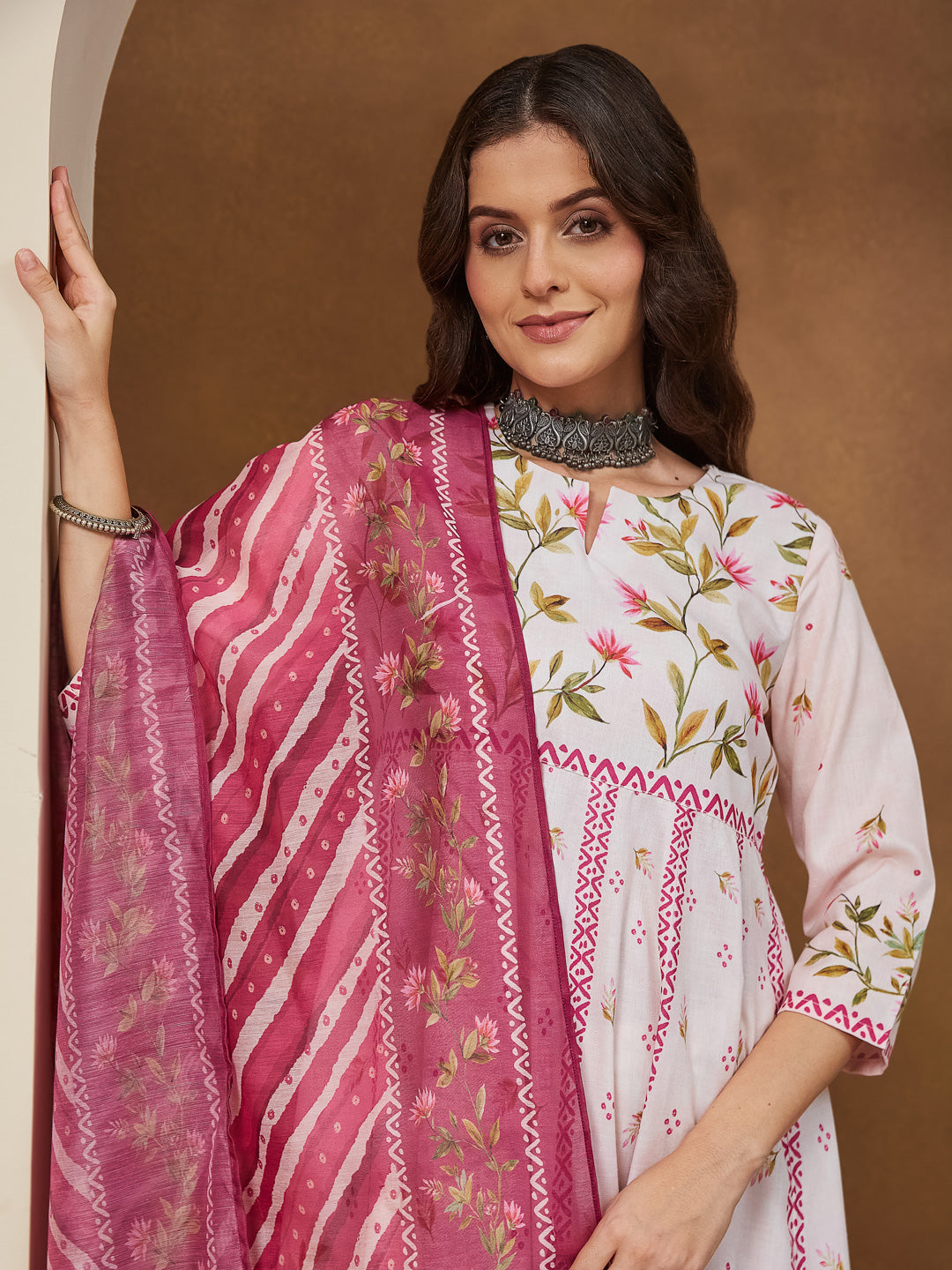 Janasya Women's Cream Cotton Blend Floral Printed Anarkali Kurta Set - qivii