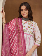 Janasya Women's Cream Cotton Blend Floral Printed Anarkali Kurta Set