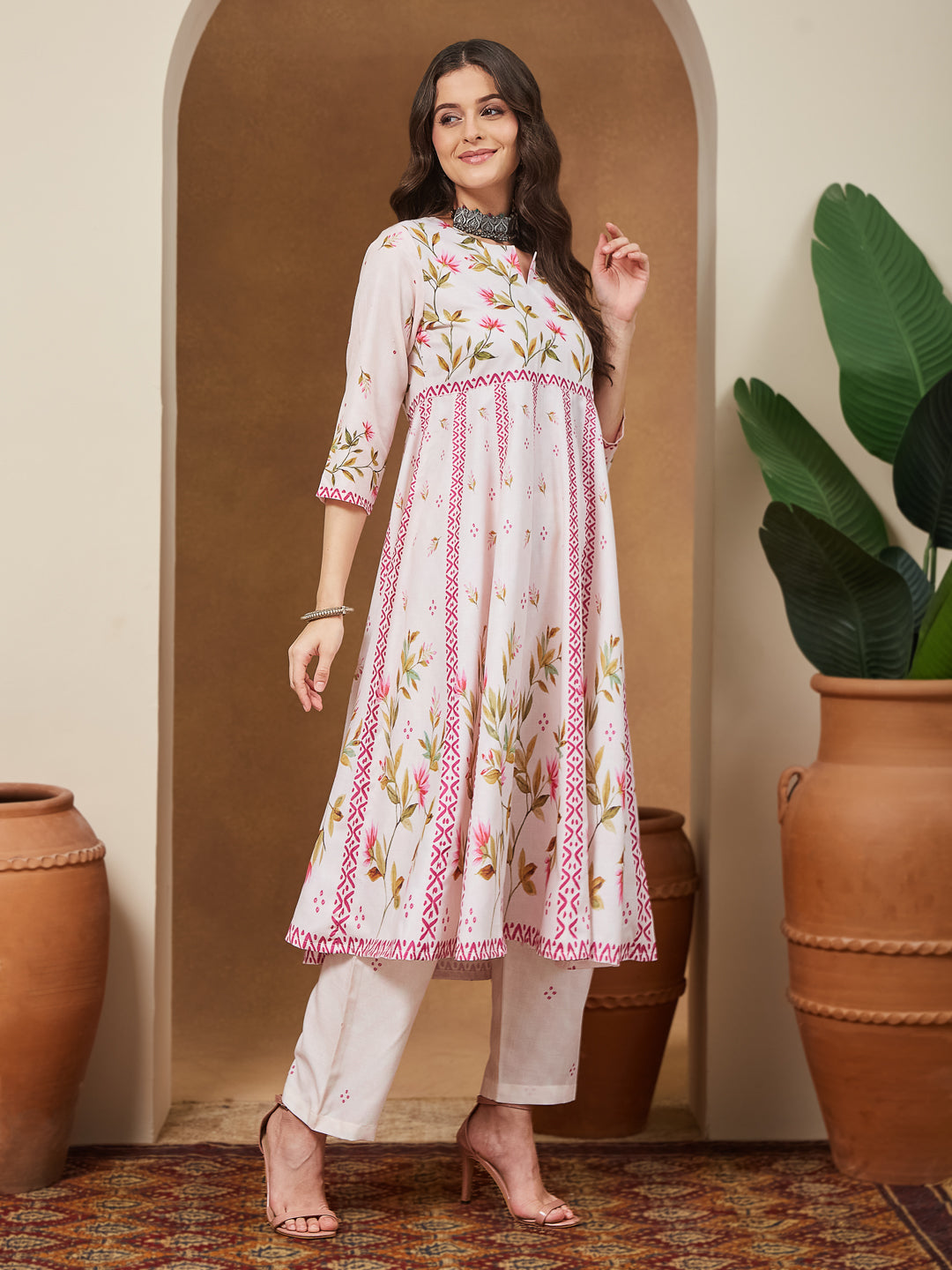 Janasya Women's Cream Cotton Blend Floral Printed Anarkali Kurta Set
