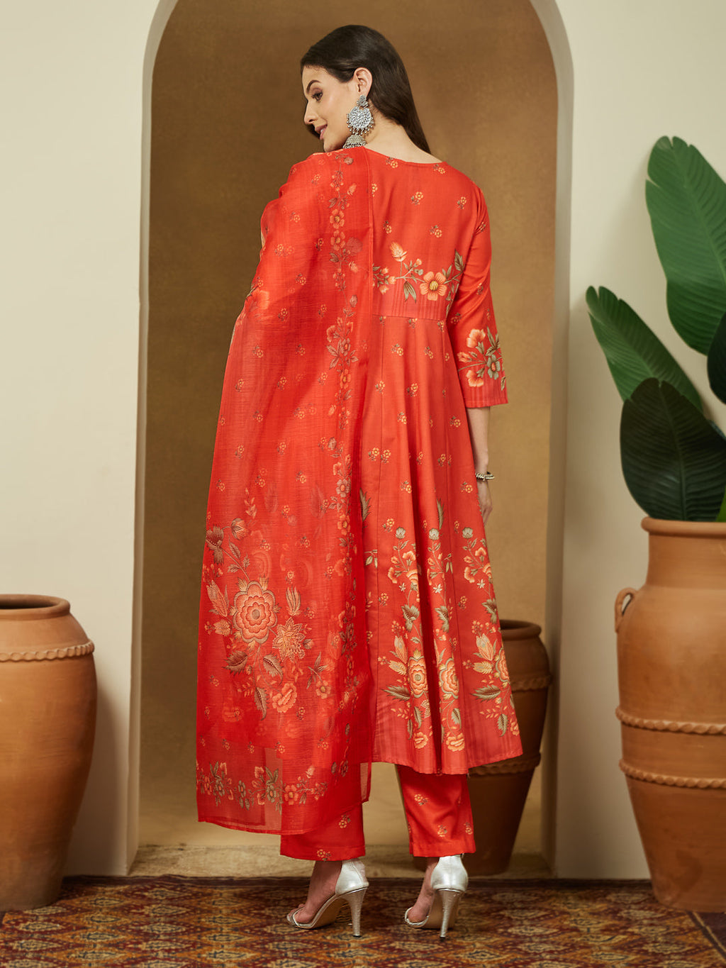 Janasya Women's Orange Cotton Blend Floral Printed Anarkali Kurta Set