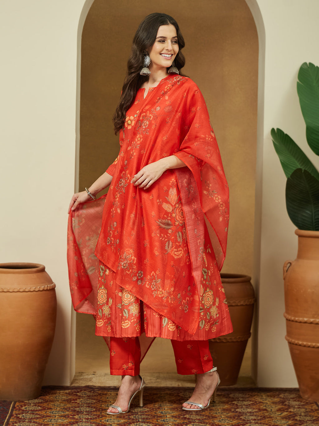 Janasya Women's Orange Cotton Blend Floral Printed Anarkali Kurta Set