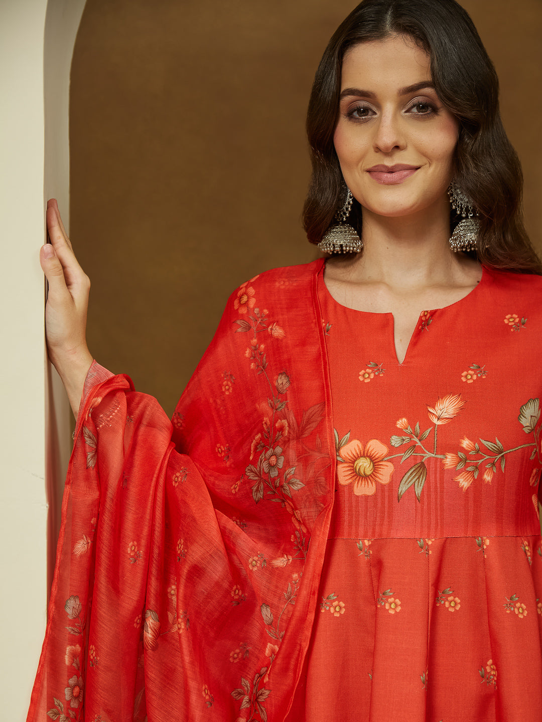 Janasya Women's Orange Cotton Blend Floral Printed Anarkali Kurta Set