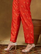 Janasya Women's Orange Cotton Blend Floral Printed Anarkali Kurta Set