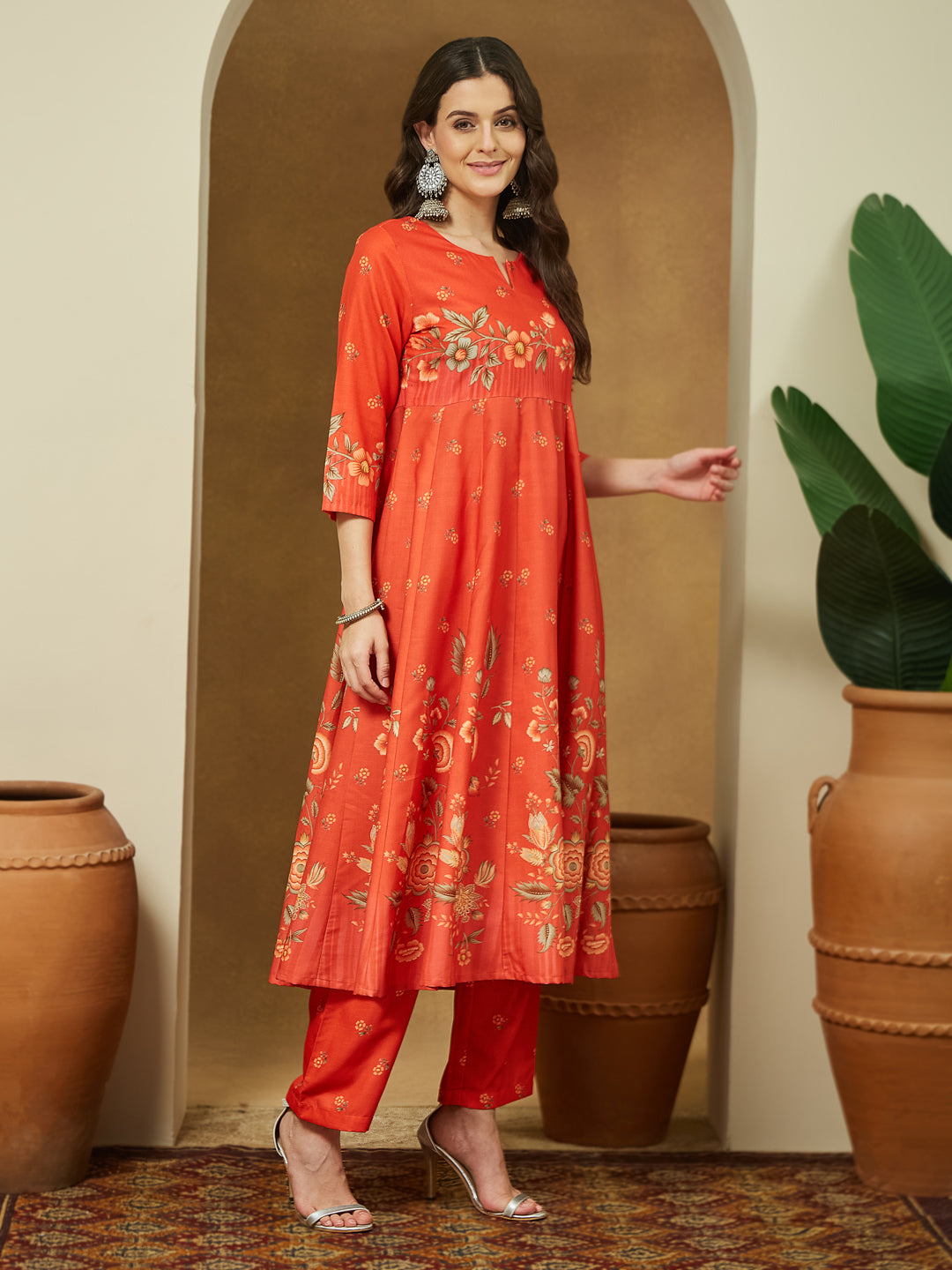 Janasya Women's Orange Cotton Blend Floral Printed Anarkali Kurta Set