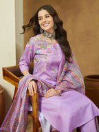 Janasya Women's Lavender Cotton Blend Floral Printed Straight Kurta Set